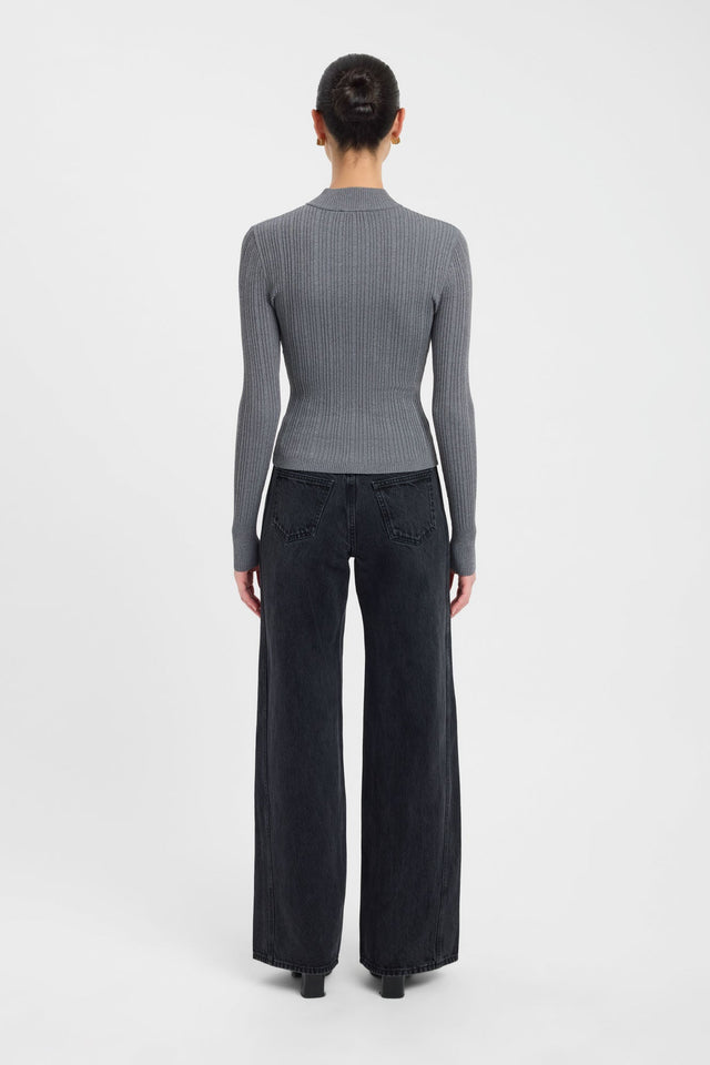 Designed with the Bristol Zip Top womens blouse in dark grey, featuring fitted silhouette, high-neck, and full straight sleeves back