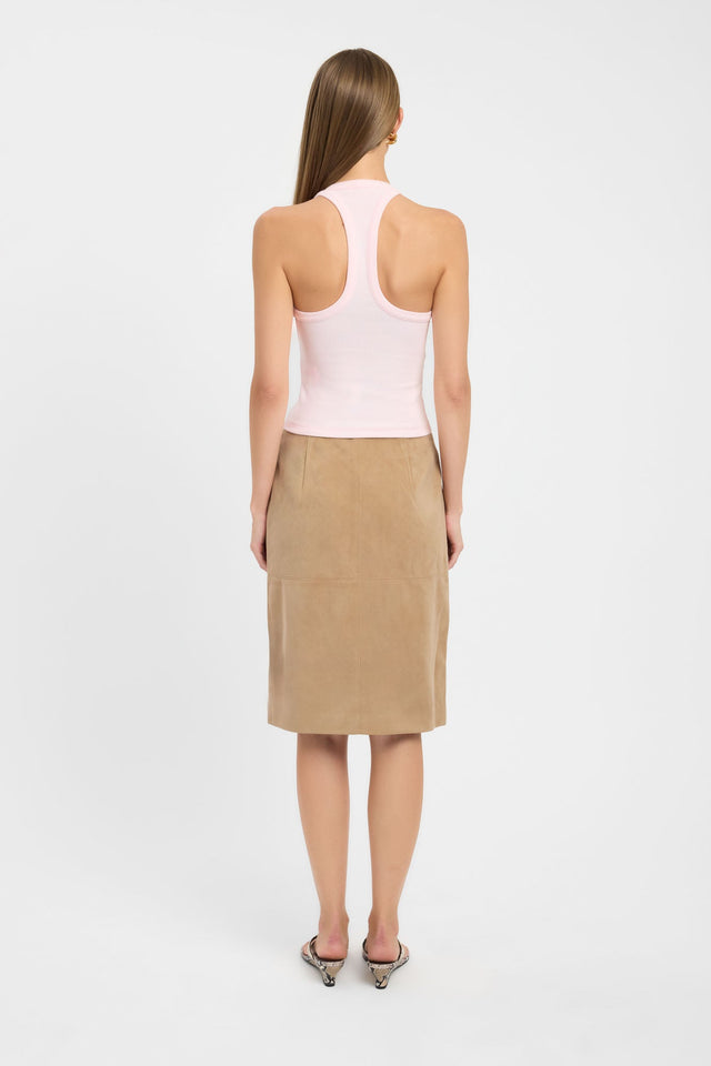 Highlighting the Sky Racer Tank womens singlet with fitted thick strap scoop neckline in misty rose back