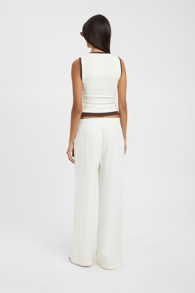 Displaying the Cindy Contrast Tank womens-blouse with ivory and chocolate fitted scoop neckline sleeveless back