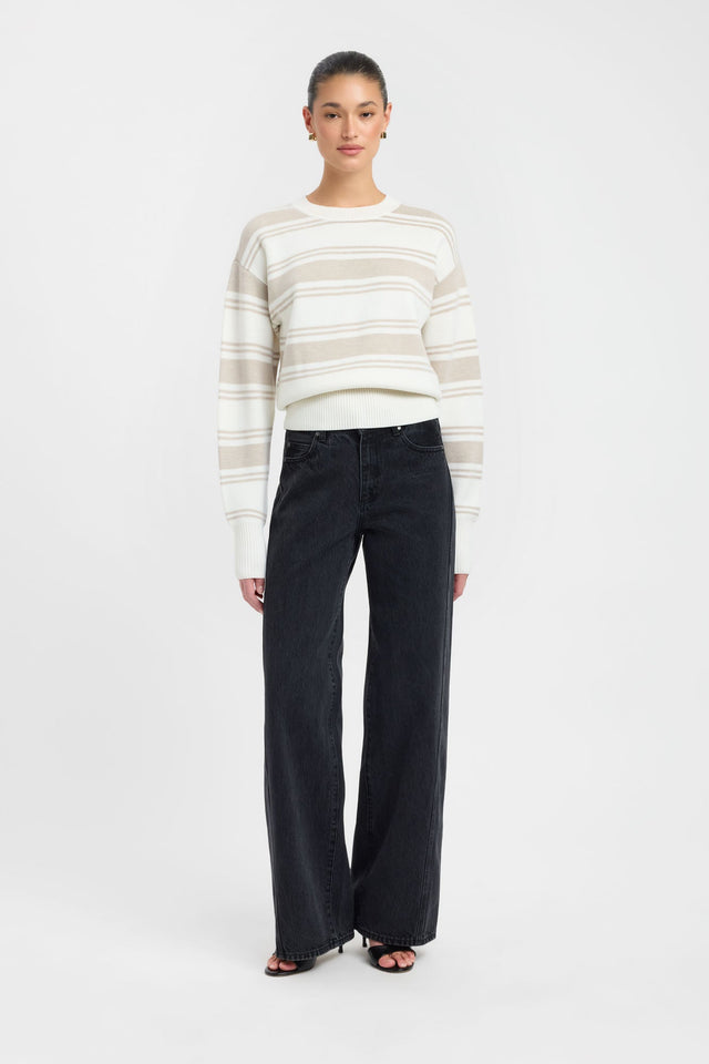 Showcasing the Dalton Stripe Crew Jumper in womens-jumpers with round neckline and relaxed fit in ivory and tan front