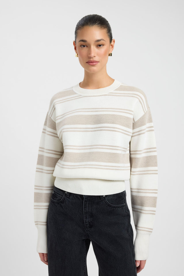 Featuring the Dalton Stripe Crew Jumper in womens-jumpers with round neckline and relaxed fit in ivory and tan detail