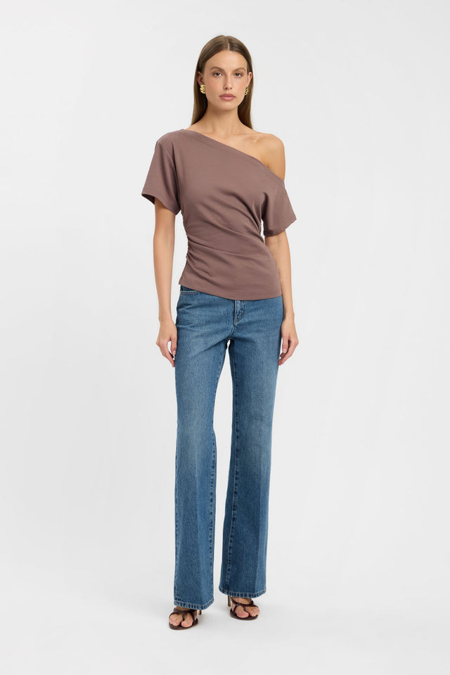 Showcasing the Nova Off Shoulder Tee womens-blouse in rosy brown with fitted silhouette, asymmetry neckline and short sleeves front