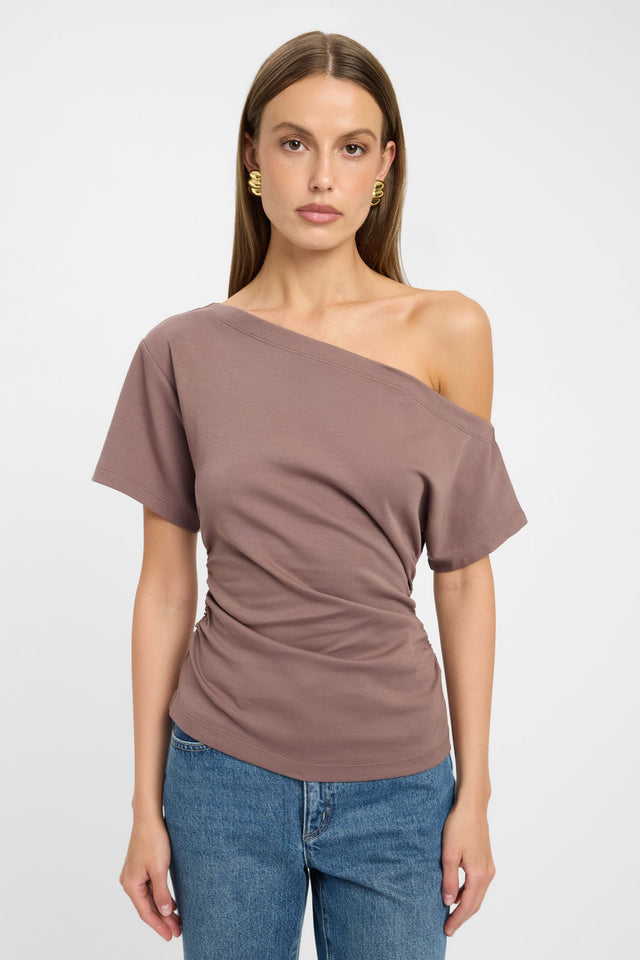 Crafted to highlight the Nova Off Shoulder Tee womens-blouse in rosy brown with fitted silhouette, asymmetry neckline and short sleeves detail