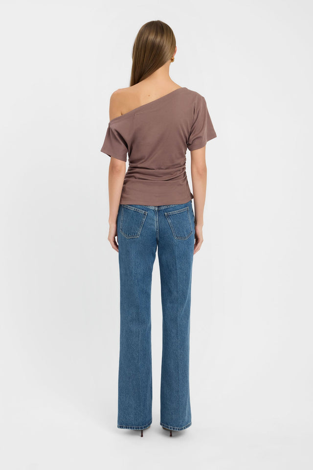 Presenting the Nova Off Shoulder Tee womens-blouse in rosy brown with fitted silhouette, asymmetry neckline and short sleeves back