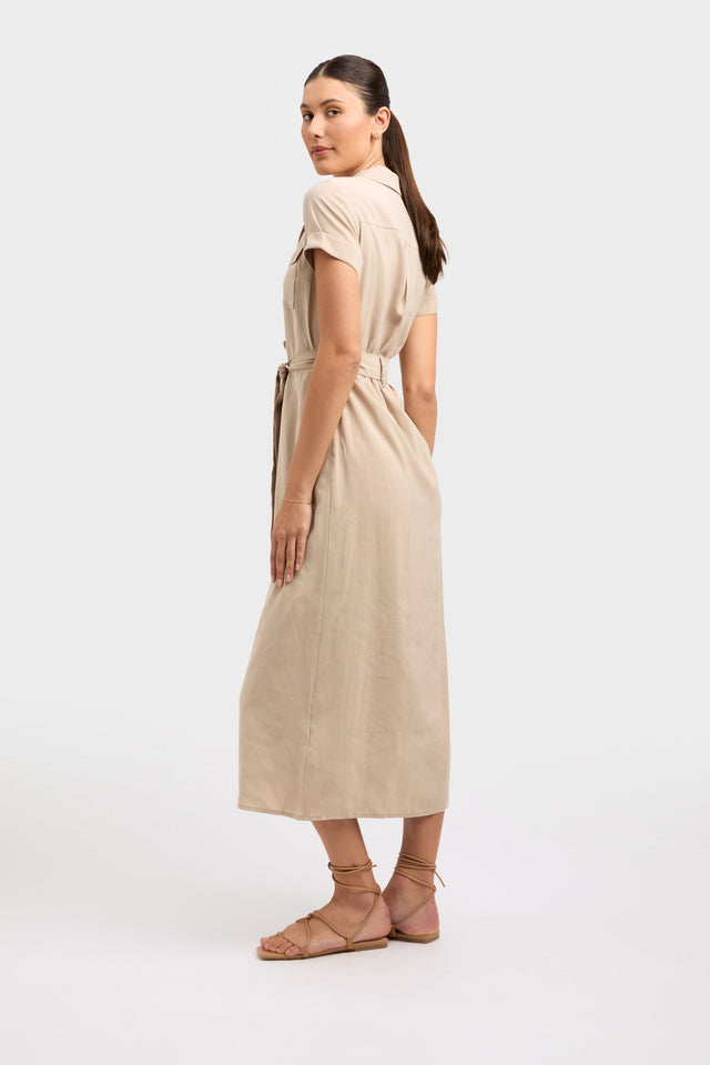 front Madrid Shirt Dress Kookai Aline Midi Relaxed V-neck beige womens-dresses 