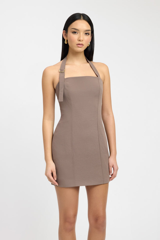 product Ariel Buckle Halter Dress Kookai Bodycon Mini Fitted Squareneck beige womens-dresses 