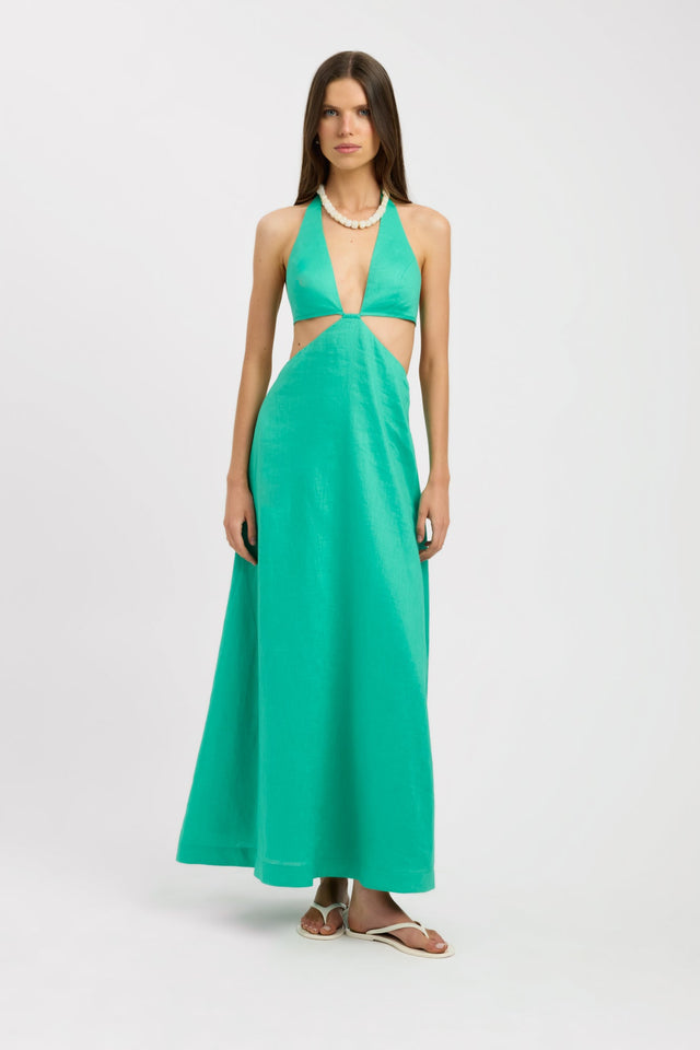 front Tahiti Cut Out Halter Dress Kookai Aline Maxi Fitted Plungeneck womens-dresses 