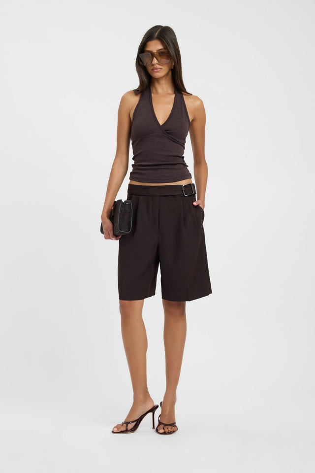 Featuring the Nola Pleated Long Short in womens-shorts with high-rise relaxed fit in dark khaki front