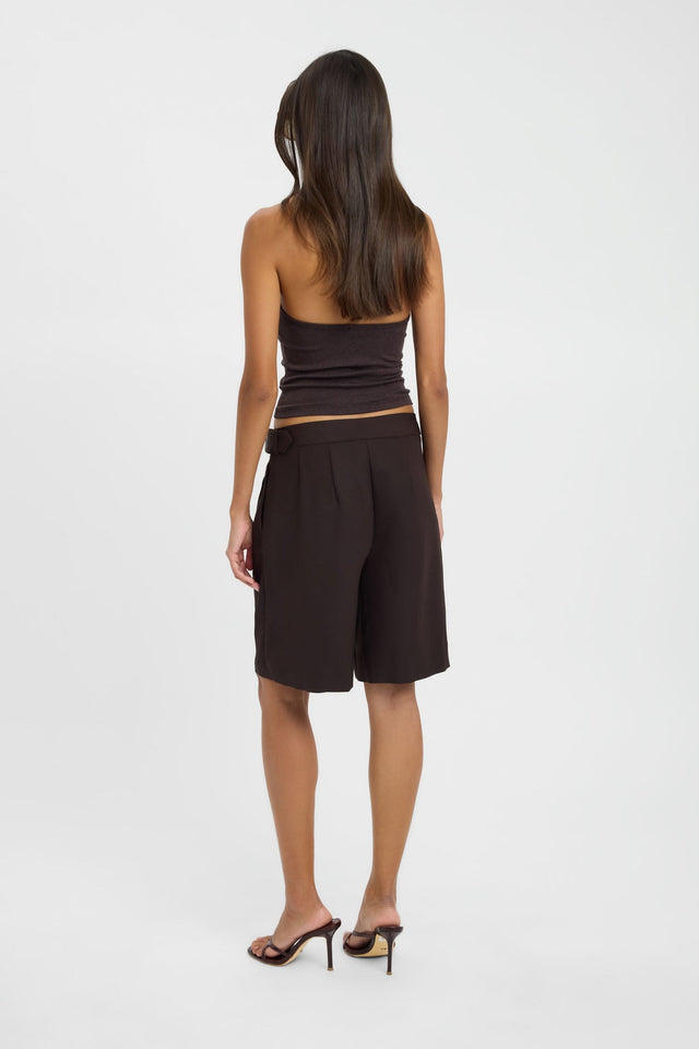 Presenting the Nola Pleated Long Short in womens-shorts with high-rise relaxed fit in dark khaki back