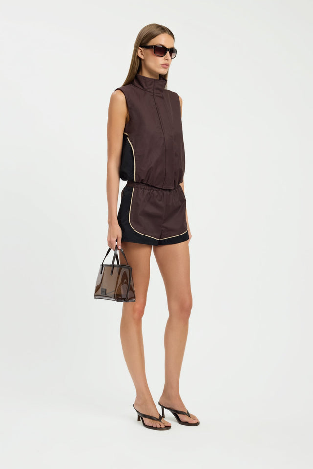 Showcasing the Spencer Sport Vest in womens coats and jackets, sleeveless waistcoat with short length in chocolate side