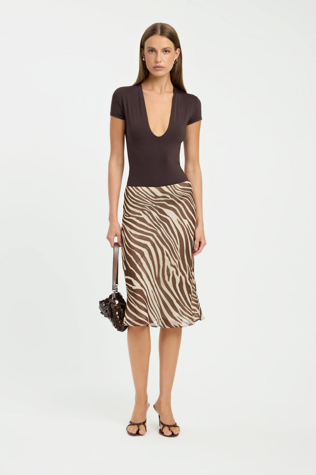 Explore the Giulia Midi Skirt in womens-skirts with straight hem and animal-zebra print in tan chocolate wheat detail