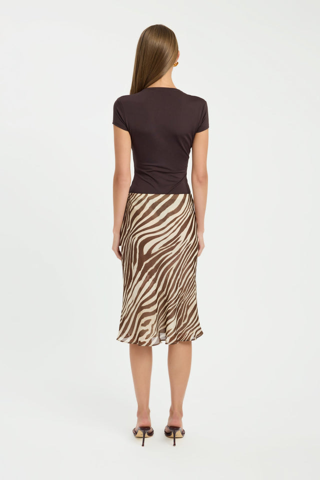 Featuring the Giulia Midi Skirt in womens-skirts styled with straight hem and animal-zebra print in tan chocolate wheat product