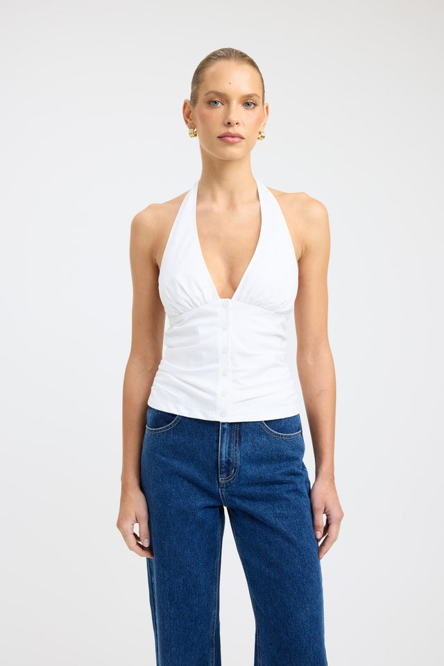 side Percy Gathered Halter Top Kookai Fitted Plungeneck Sleeveless Womens-Blouse 