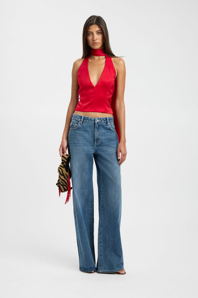 Styled Palermo Scarf Top womens-blouse in red with fitted plunge neckline and sleeveless design on-body