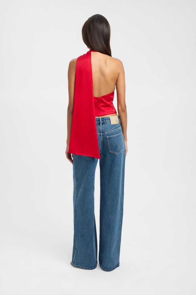 Styled Palermo Scarf Top womens-blouse in red with fitted plunge neckline and sleeveless design on-body