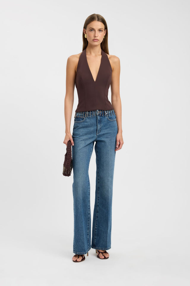 Showcasing the Alto Beaded Top womens-blouse with fitted plunge neckline and sleeveless design front