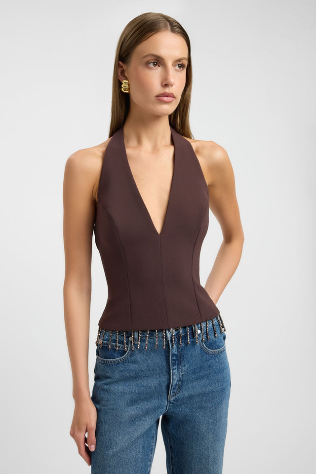 Featuring the Alto Beaded Top womens-blouse in saddle brown with gold beaded detail front