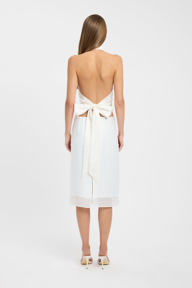 Presenting the Palermo Wrap Top womens blouse in solid ivory with fitted high-neck sleeveless silhouette back