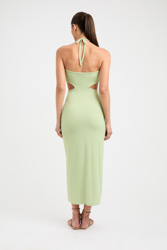 front Alia Midi Dress Kookai Bodycon Midi Fitted Roundneck light green womens-dresses 