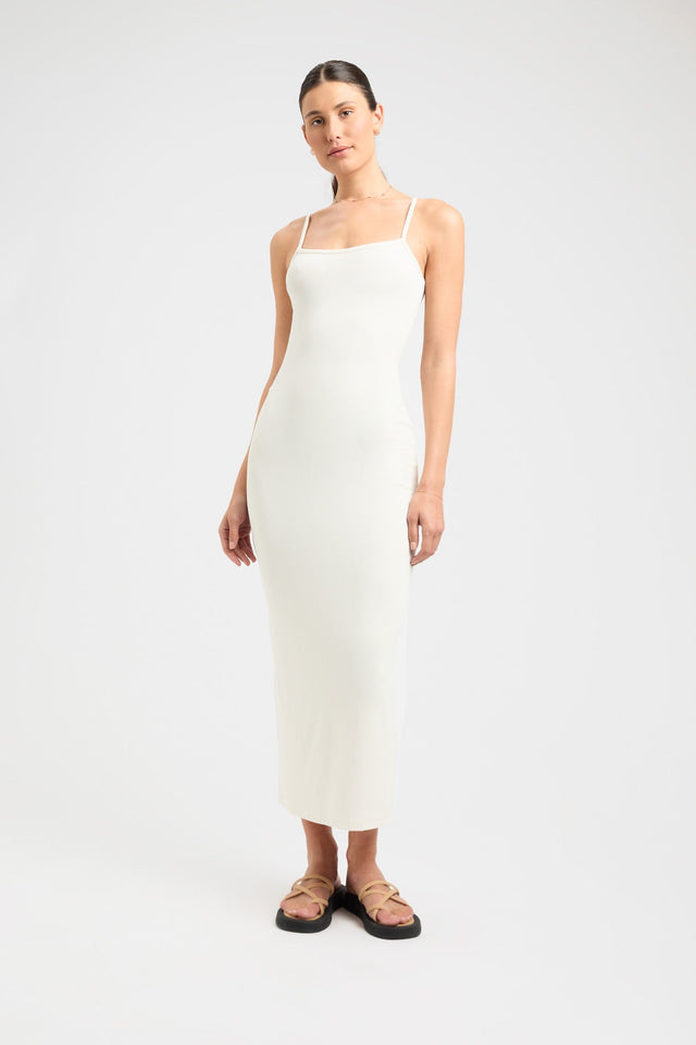 product Layla Long Dress Kookai Straight Midi Fitted Squareneck white womens-dresses 