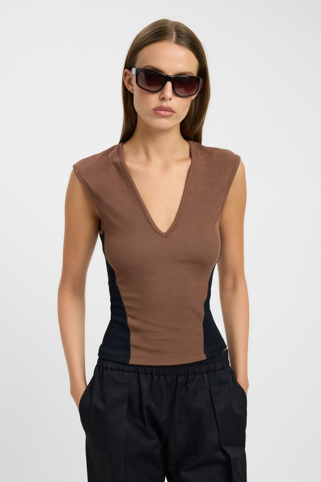 Featuring the Zuri Contrast Top womens-blouse in tan and black with fitted v-neck sleeveless detail
