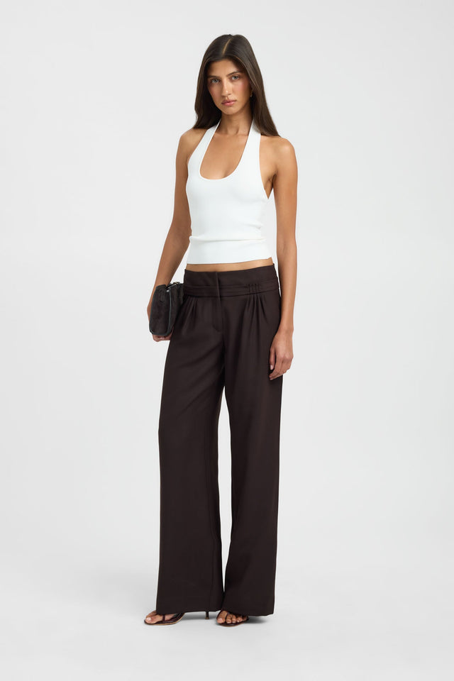 Showcasing the Nola Detail Pant in wide-leg high-rise chocolate womens-regular-pants front