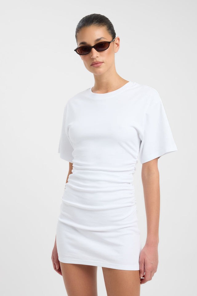 Crafted with the Nova Mini Dress in womens-dresses, bodycon shape, fitted style, round neckline, and white side