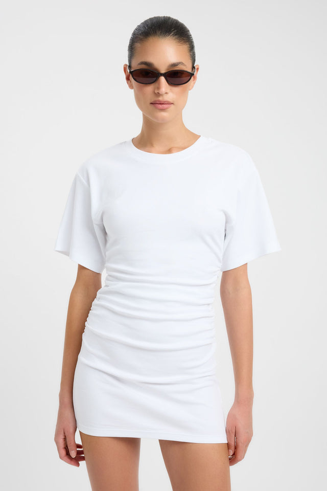 Featuring the Nova Mini Dress womens-dresses with bodycon shape, fitted cut, round neckline, and white color detail