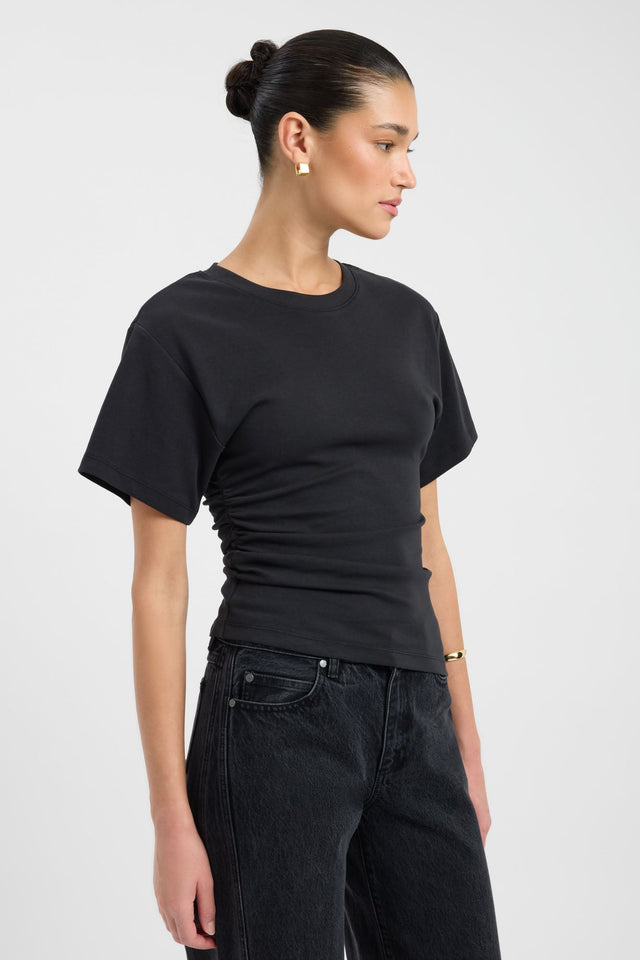 Featuring the Nova Tee womens blouse in fitted black with round neckline and short sleeves side