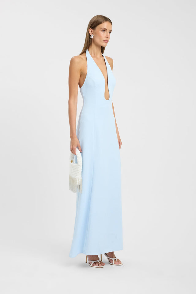 Oyster Low Cut Maxi Dress in straight shape maxi length fitted fit plunge neckline powder blue side