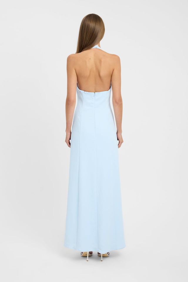 Oyster Low Cut Maxi Dress in straight shape maxi length fitted fit plunge neckline powder blue back