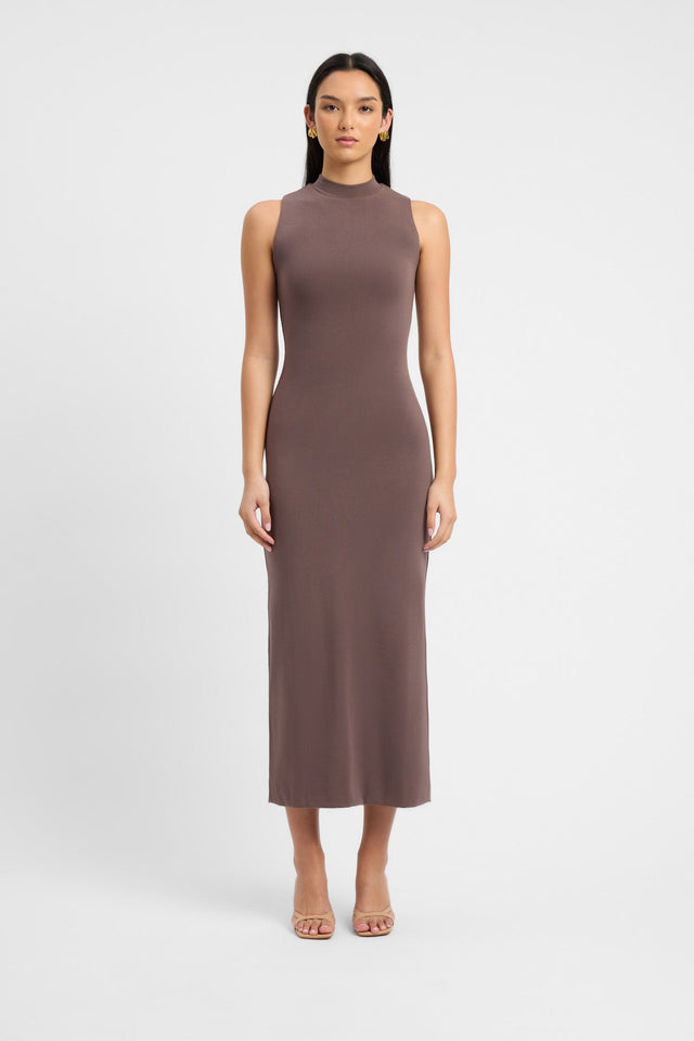 product Tara Maxi Dress Kookai Bodycon Midi Fitted Highneck brown womens-dresses 