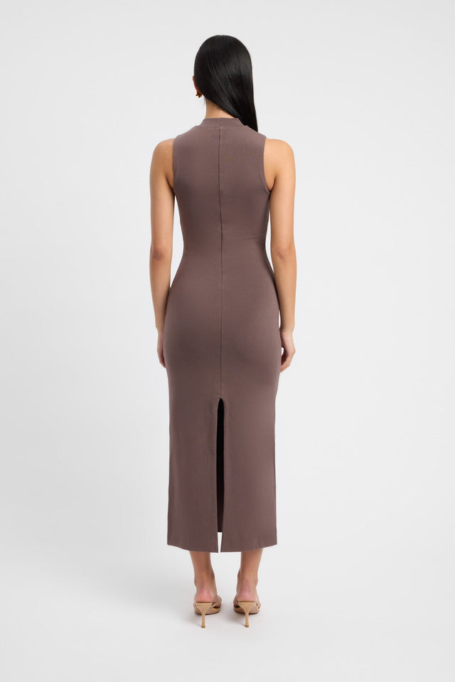 product Tara Maxi Dress Kookai Bodycon Midi Fitted Highneck brown womens-dresses 