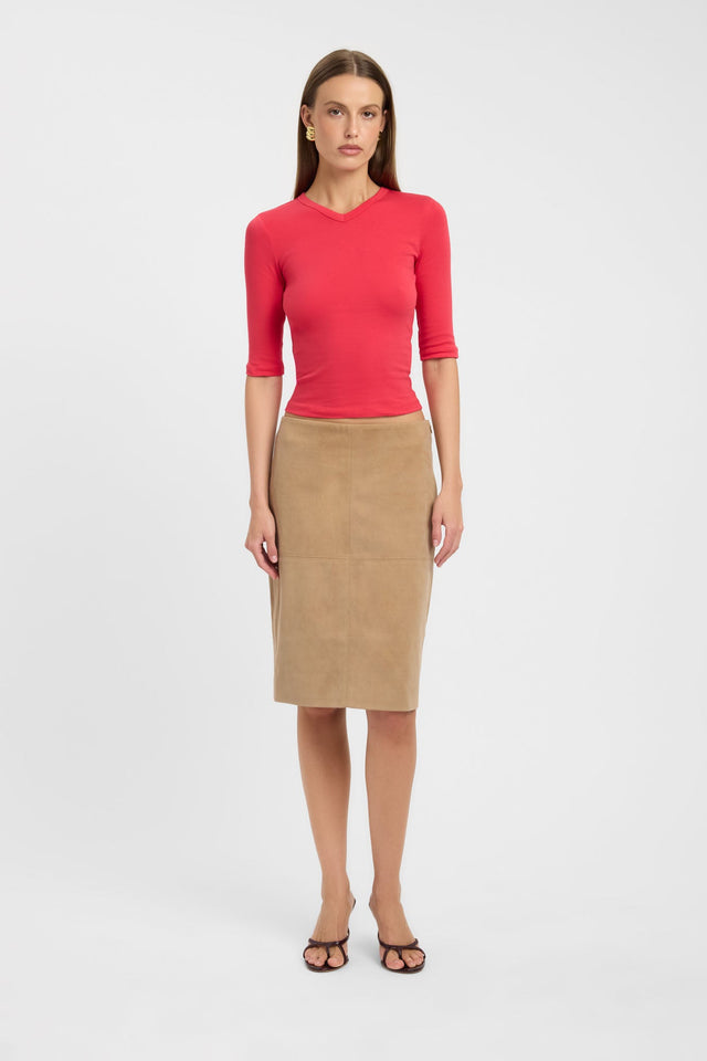 Discover the Jac Vee Top womens blouse in coral with fitted silhouette, v-neck, and half sleeves front