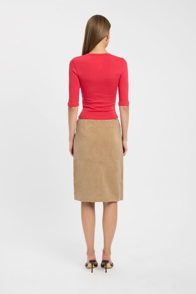 Showcasing the Jac Vee Top womens blouse in coral with fitted silhouette, v-neck, and half sleeves back