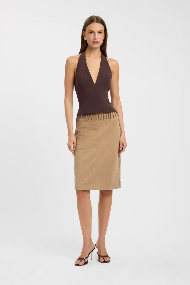 Designed with the Alto Beaded Top womens-blouse featuring gold beaded hem detail on-body