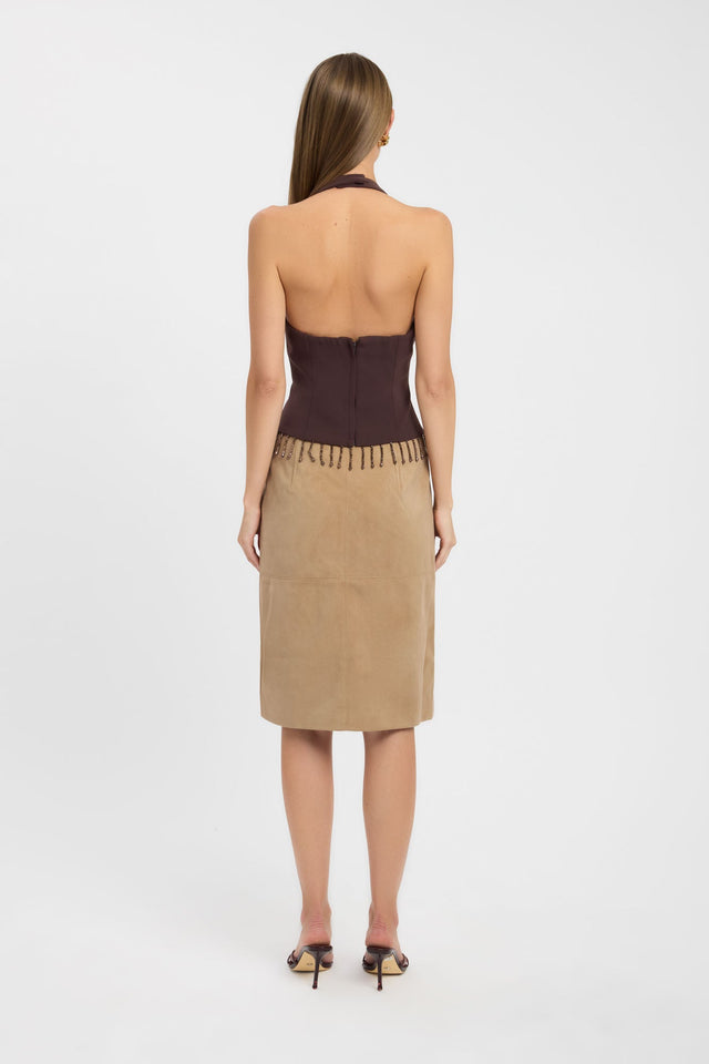 Presenting the Alto Beaded Top womens-blouse in saddle brown with fitted silhouette and sleeveless halter design back