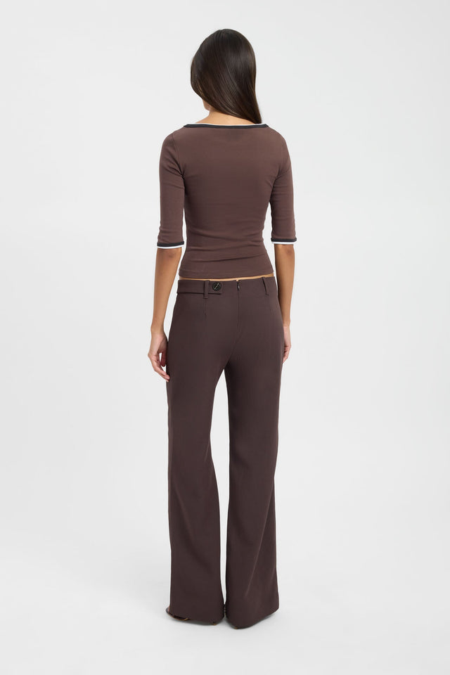 Highlighting the Jac Contrast Top womens blouse with solid rosy brown fabric and straight three-fourth sleeve styling side