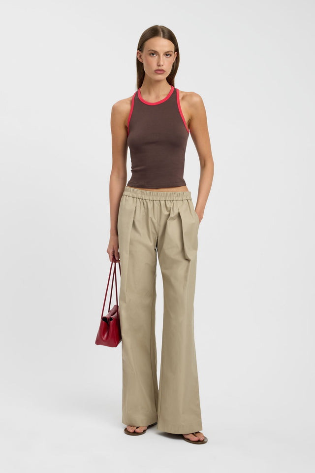 Showcasing the Austin Tank womens singlets in fitted silhouette with thick straps and round neckline in brown and crimson on-body