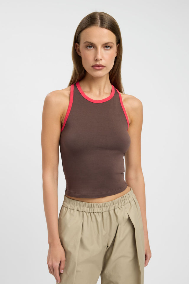 Highlighting the Austin Tank womens singlets in fitted cut with thick straps, round neckline in brown and crimson detail