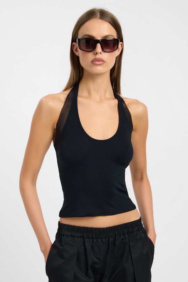 Featuring the Larson Top womens-blouse in black with fitted silhouette, scoop neckline, and sleeveless design detail