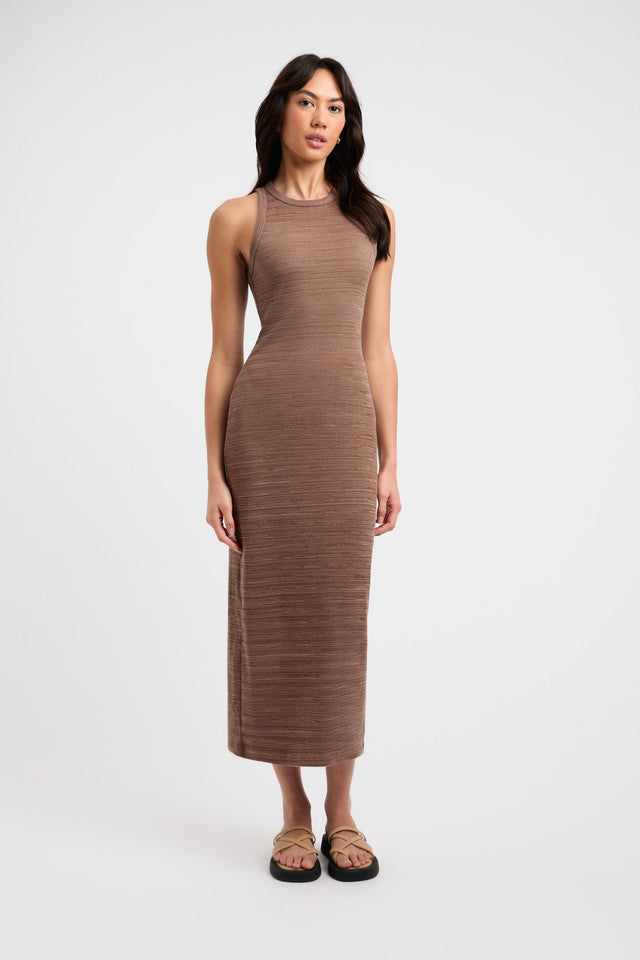 product Serenity Dress Kookai Straight Midi Fitted Roundneck brown womens-dresses 