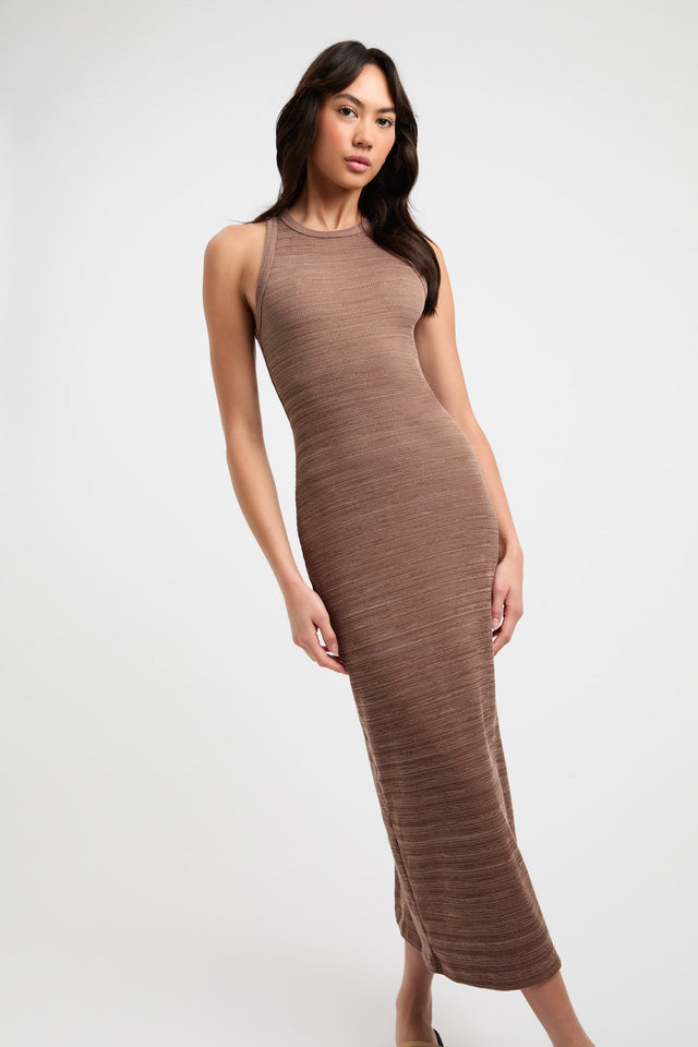 product Serenity Dress Kookai Straight Midi Fitted Roundneck brown womens-dresses 