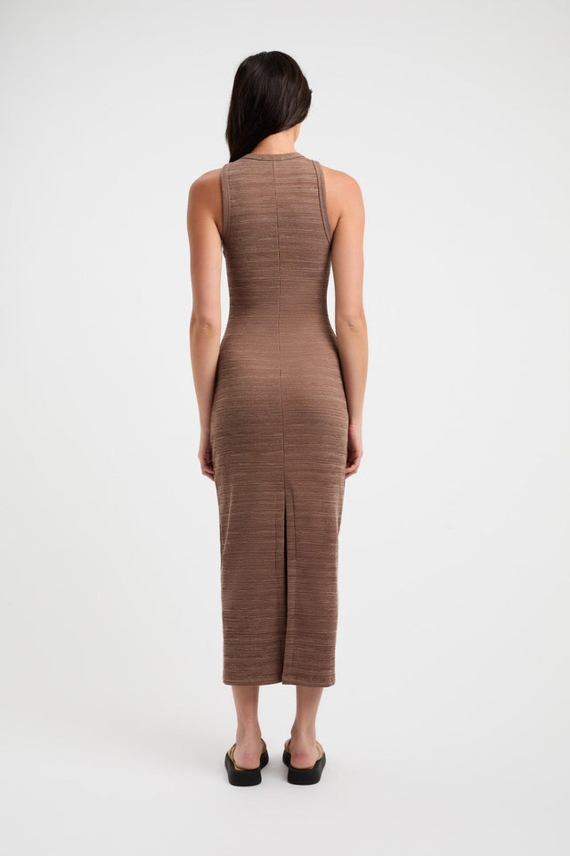 product Serenity Dress Kookai Straight Midi Fitted Roundneck brown womens-dresses 