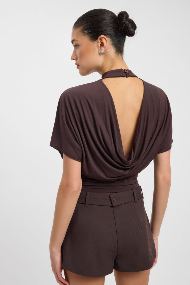 Showcasing the Harley Top womens blouse in saddlebrown with relaxed fit, high-neck and short sleeves back
