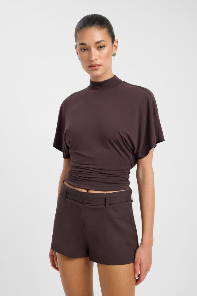Featuring the Harley Top womens blouse in saddlebrown with relaxed fit, high-neck and short sleeves side