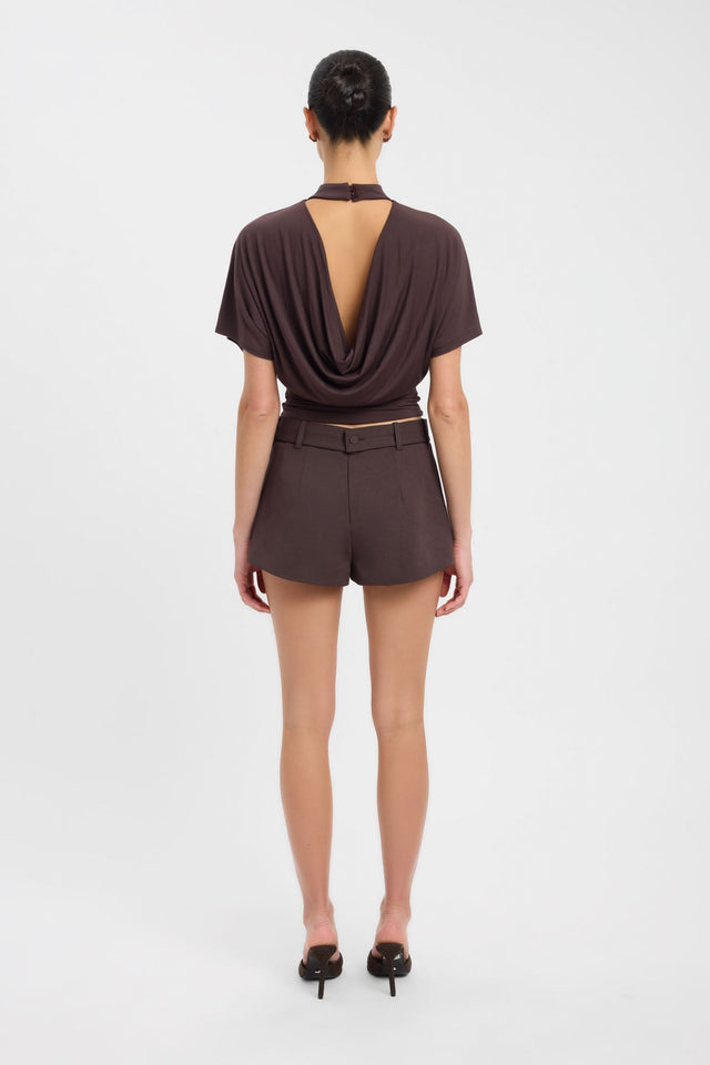Presenting the Harley Top womens blouse in saddlebrown with relaxed fit, high-neck and short sleeves on-body