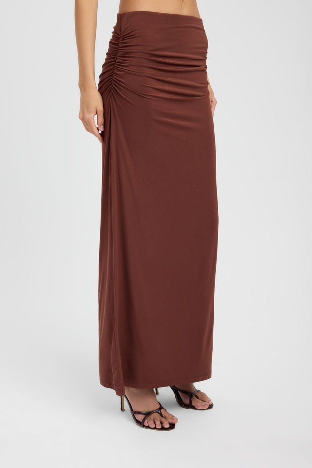 Showcasing the Hales Maxi Skirt in womens-skirts with straight hem, maxi length, and sienna colour side