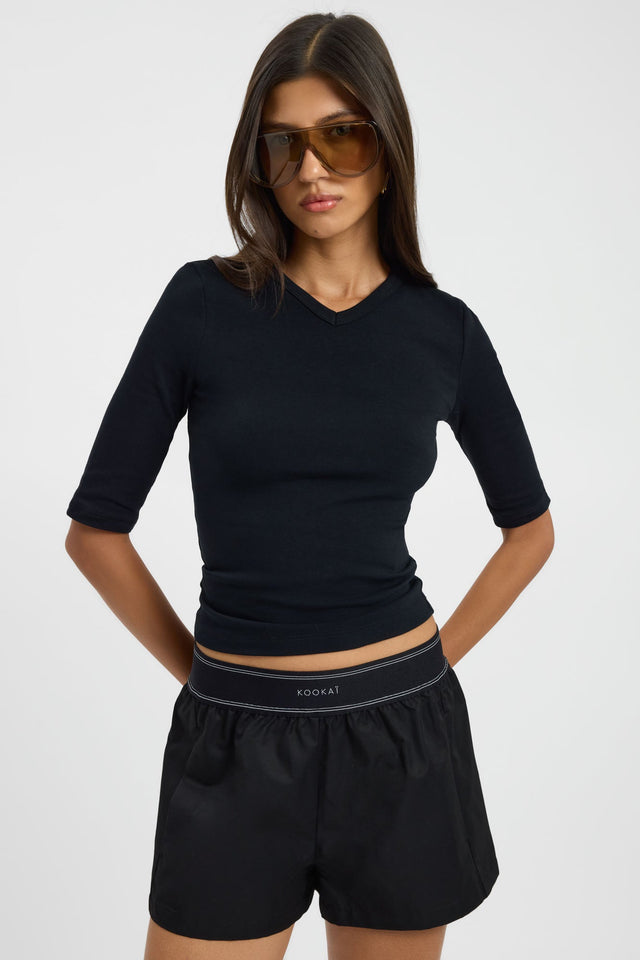 Showcasing Spencer Branded Elastic Short womens-shorts with mid-rise relaxed fit in black detail