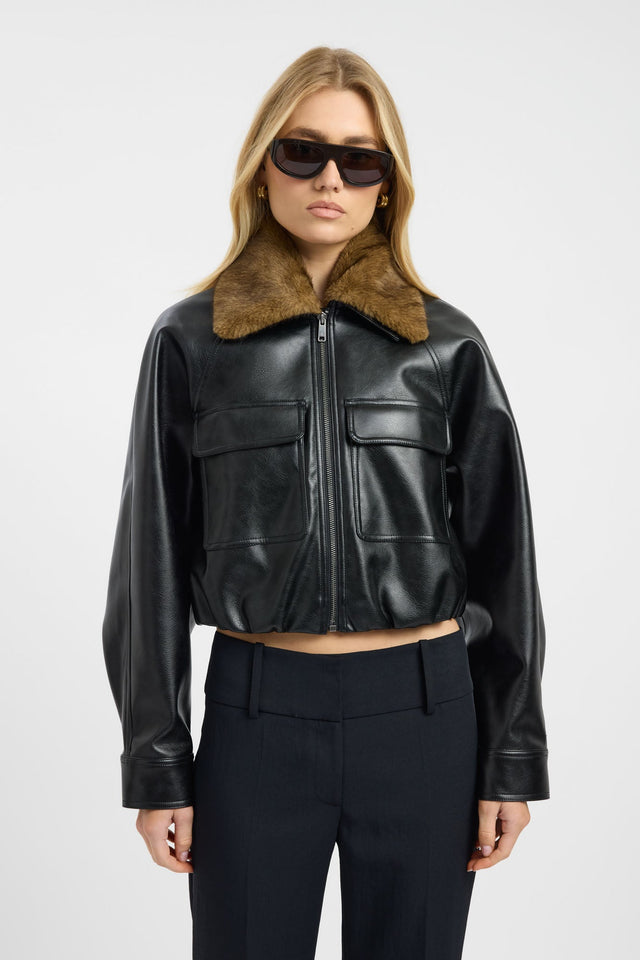 Featuring the Heavy Phoenix Fur Jacket in women's coats and jackets with full sleeves, aviator style, short length, and black color front